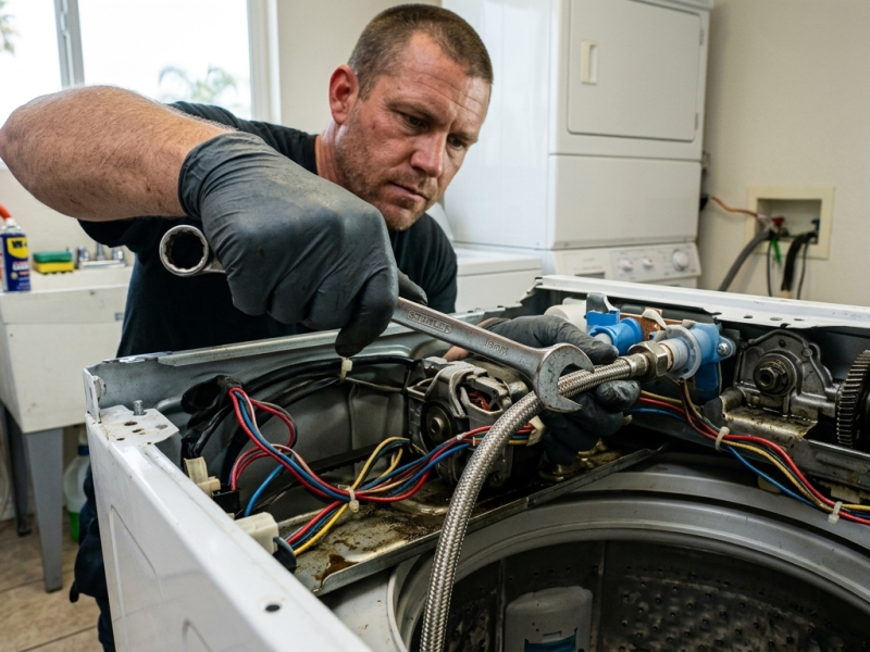 Skilled repairman using a wrench to fix a washing machine hose connection in Fontana, CA.